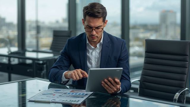 Businessman in navy suit reviewing tablet and financial report in modern boardroom