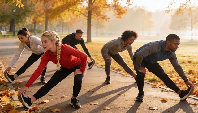 Autumn park group stretching session at sunrise for outdoor fitness warmup routine