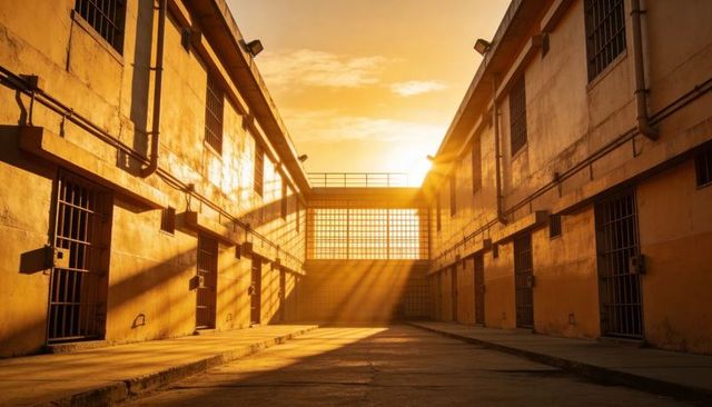 Sunset-lit correctional courtyard bathing in golden sunbeams, barred doors and long shadows