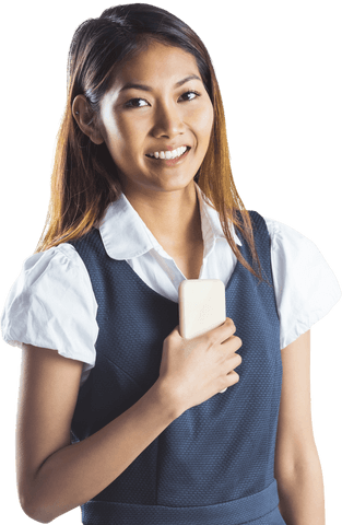Transparent Businesswoman Smiling with Smartphone in Office Outfit