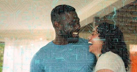 Laughing couple sharing intimate moment with circuitry overlay in modern living room