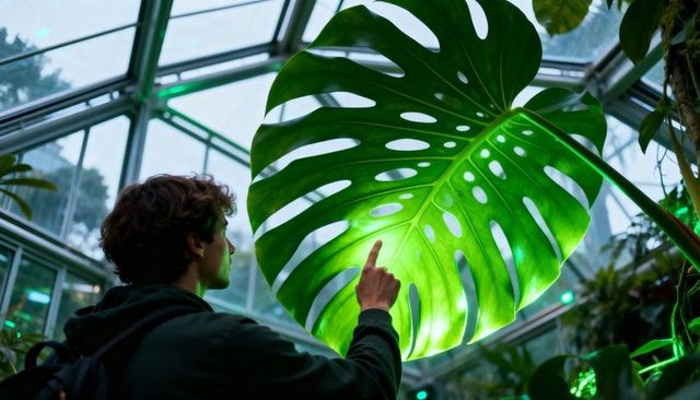 Man pointing at giant backlit monstera leaf in glasshouse conservatory with green leds