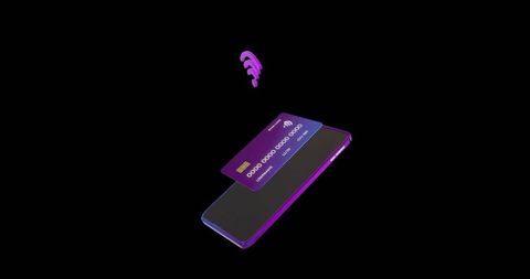 Floating purple credit card tapping smartphone with nfc icon neon gradient 3d commerce