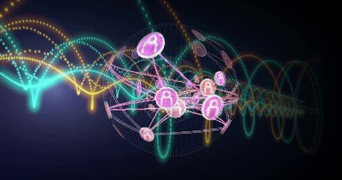 Expanding neon digital network sphere linking user nodes and wireframe data waves