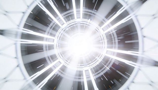 Radiant energy core emitting radial light beams through futuristic metal tunnel spiral