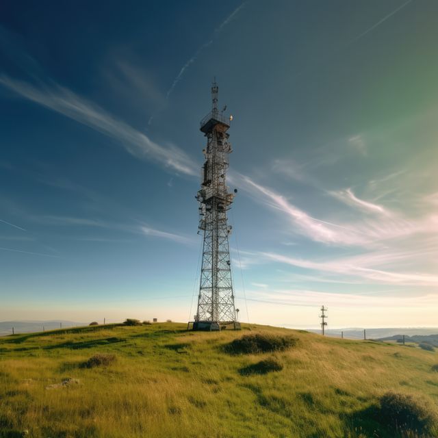 Telephone tower in green belt area outside city, copy space, created using generative ai technology. Communication, cell tower and wireless telephone technology concept digitally generated image.