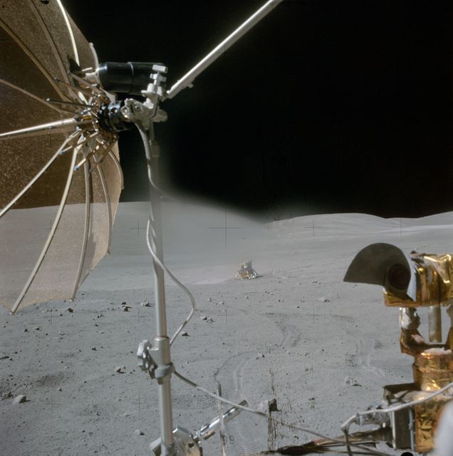 AS16-116-18678 (23 April 1972) --- A view from the moving Apollo 16 Lunar Roving Vehicle (LRV) as the crew men headed "home" at the end of the mission's third and final extravehicular activity (EVA). Astronaut John W. Young called attention to the series of block fields between the Lunar Module (LM) and LRV. Young also noted that, "The LM was obviously sitting in the only flat place around." Stone Mountain stretches about half way across the background. The high gain antenna and the RCA television camera on the LRV are in the foreground. While astronauts Young, commander; and Charles M. Duke Jr., lunar module pilot; descended in the Apollo 16 LM "Orion" to explore the Descartes highlands landing site on the moon, astronaut Thomas K. Mattingly II, command module pilot, remained with the Command and Service Modules (CSM) "Casper" in lunar orbit.