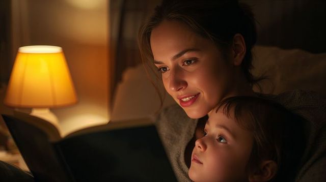 Reading Bedtime Story: Mother and Daughter Cuddling on Bed Under Warm Lamp Light