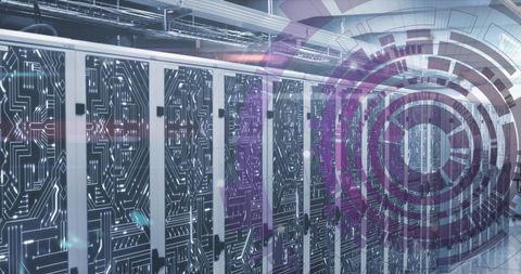 Futuristic Server Room with Digital Interface and Circuit Board Pattern - Download Free Stock Images Pikwizard.com