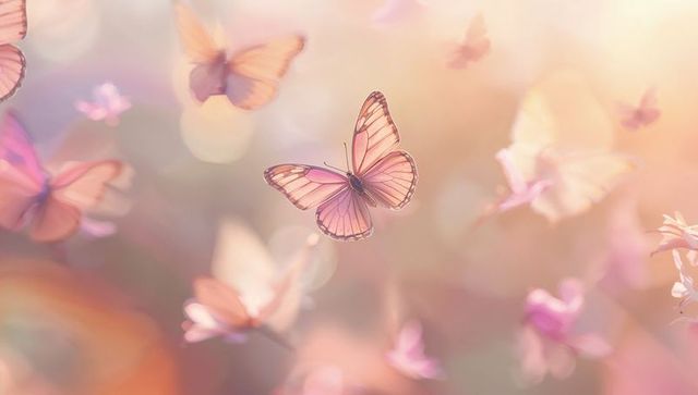 Dreamy pink butterflies fluttering over pastel meadow with warm bokeh light