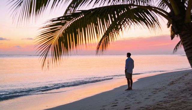 Man standing on tropical beach at pastel sunset watching calm ocean under palm fronds