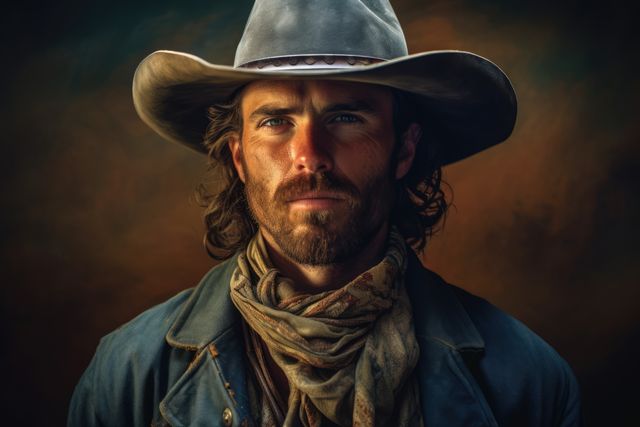 Captures the confident expression of a cowboy wearing a wide-brimmed hat and a scarf. Rugged and authentic western style with personalized details. Ideal for showcases, advertisements, or editorials representing Western themes, rugged lifestyles, and outdoor adventures.