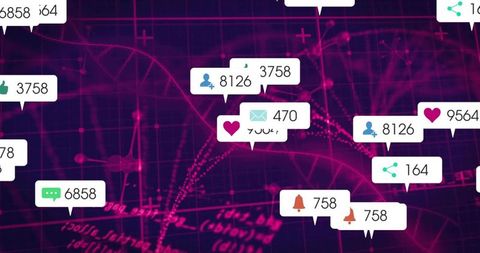 Neon Social Notifications Floating Over Digital Network Data Visualization Dashboard UX