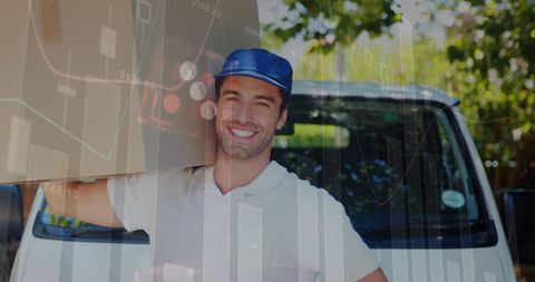 Smiling Courier with Package and Financial Data Overlay - Download Free Stock Images Pikwizard.com