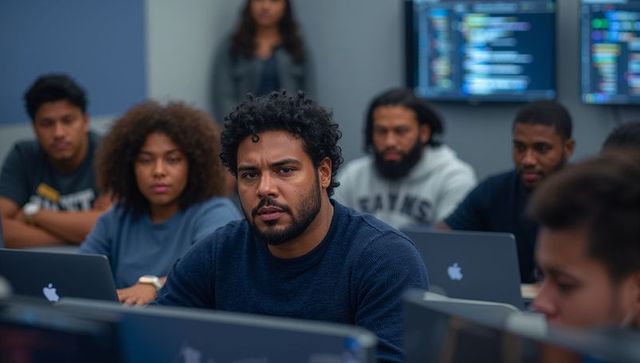 Focused bearded man coding in collaborative classroom with macbooks and code monitors