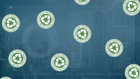 Falling Eco Icons Against Digital Data Background