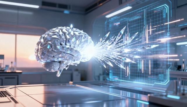 Floating Crystal Brain Sending Data Stream to Futuristic Sleek Lab Interface at Sunset