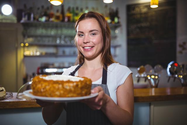 Waitress holding a plate of cake in a cafe, smiling warmly. Ideal for use in marketing materials for cafes, bakeries, and restaurants, emphasizing friendly service and delicious desserts. Can also be used in articles or blogs about hospitality, customer service, and food industry.