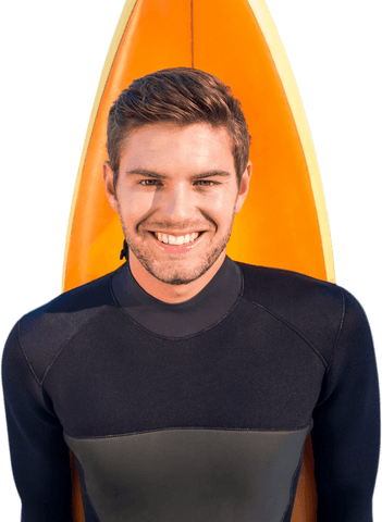 Smiling Man in Wetsuit Posing with Surfboard on Transparent Background
