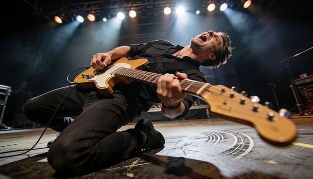 Kneeling rock guitarist playing telecaster and singing under dramatic stage lights