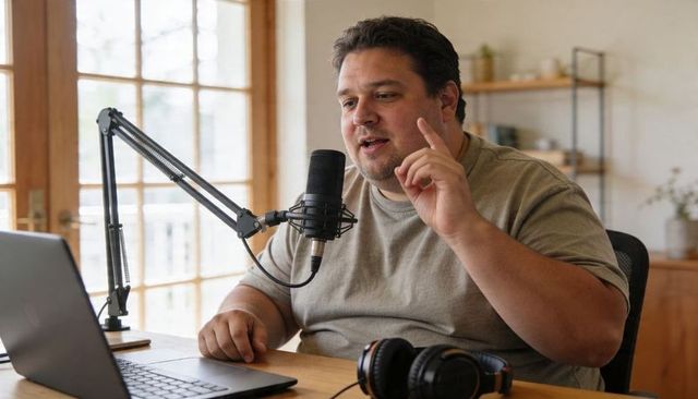 Recording podcast host speaking into condenser microphone in cozy home studio