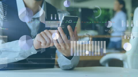 Businessman Engaged: Data Processing with Smartphone at Office