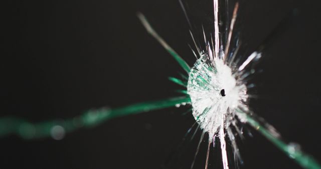 This visual of a bullet hole in glass with fractured lines radiating out is ideal for illustrating themes of violence, crime, or damage. Suitable for articles, presentations, and safety campaigns focusing on crime prevention, law enforcement, or protective measures.