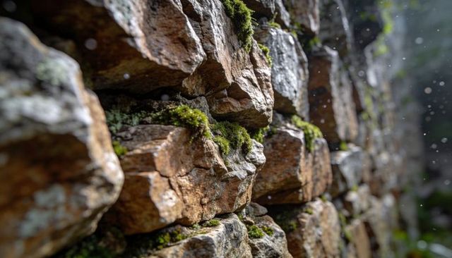 Sunlit moss-covered dry-stacked stone wall with dewdrops and rich rock texture