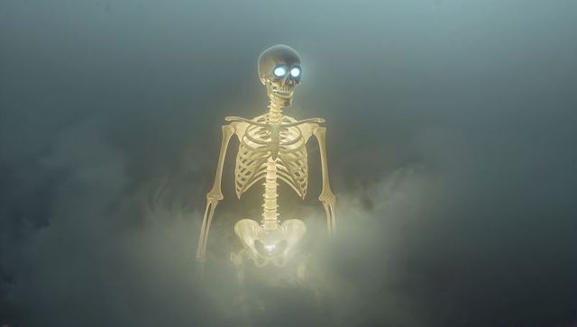 Luminous Skeleton with Glowing Eyes Amid Mystical Fog