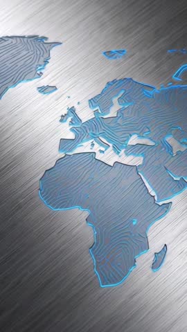 Vertical video of metallic world map with pulsing neon-blue outlines on brushed steel surface