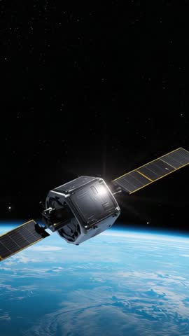 Vertical video showing rotating satellite with solar arrays catching sun glint above Earth