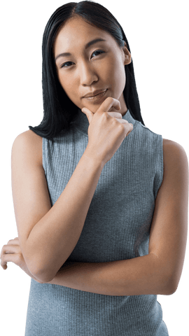 Thoughtful Asian Woman Standing on Transparent Background