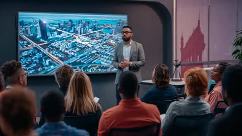 Presenting city planning and traffic analysis to corporate team on large display