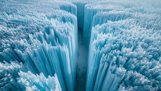 Frozen crevasse deep in remote ice field with mist