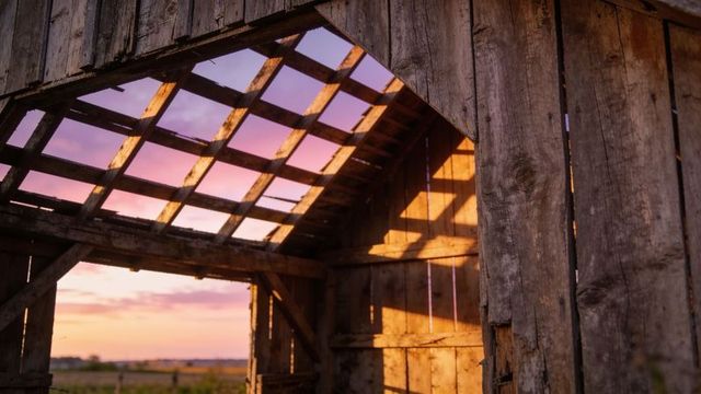 Weathered barn interior framing golden hour light through roof lattice