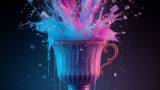 Erupting Neon Chalice Pouring Cyan and Magenta Liquid with Gold Filigree