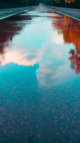 Vertical video silver sedan driving on wet forest road reflecting clouds and autumn trees