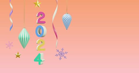 Colorful 2024 banner with festive ornaments on pink background