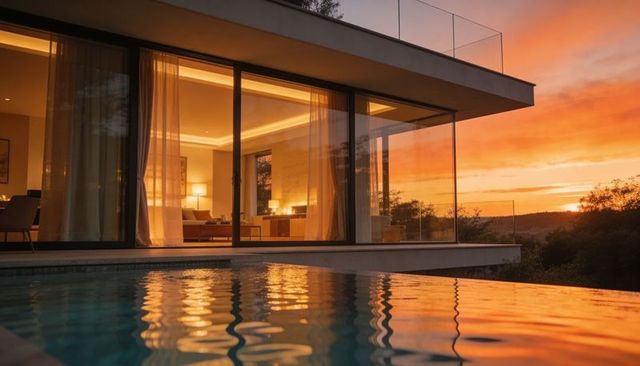 Luxury villa at sunset reflecting in infinity pool with glass-walled living room