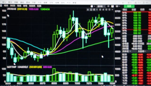Multicolor candlestick chart showing moving averages and volume bars on dark screen