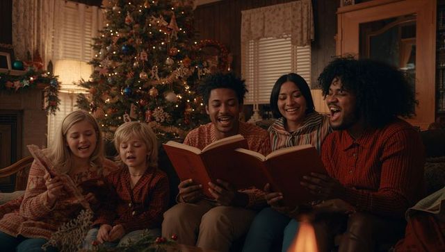 Diverse Friends Enjoying Holiday Book Reading by Christmas Tree