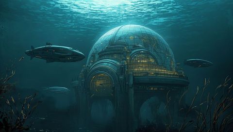 Underwater glass-dome research habitat glowing with warm lights, futuristic submarines patrolling
