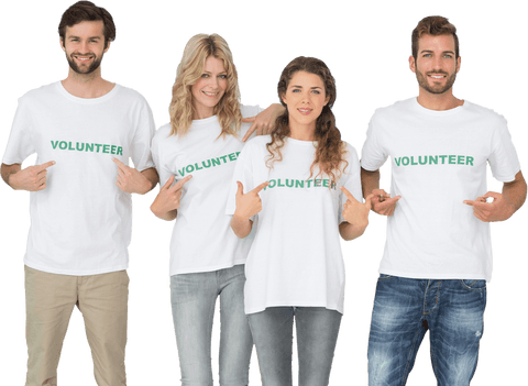 Group of Happy Volunteers Posing in Transparent Graphic T-shirts