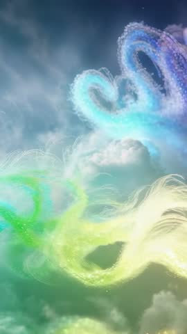 Vertical Motion: Multicolor Ribbons Weaving Through Clouds with Glowing Particle Trails