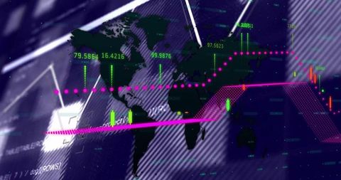 Digital world map display of global financial market trends
