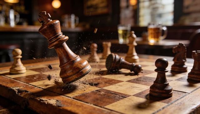 Wooden king crashing on worn chessboard in rustic pub with flying wood chips and fallen pieces