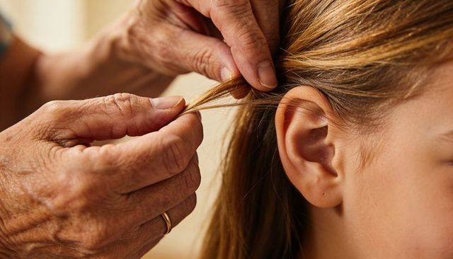 Senior hands braiding grandchild hair near ear showing gold wedding ring, intimate closeup