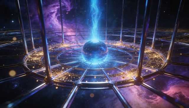 Pulsing blue energy orb emitting beam through metallic lattice amid nebula scattering gold dust