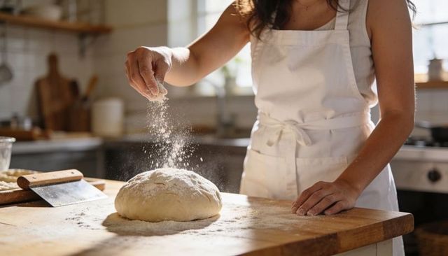 Baker sprinkling flour over round dough on wooden bench in sunlit rustic kitchen