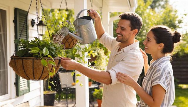 Couple watering hanging planter on sunny porch, smiling homeowners gardening together